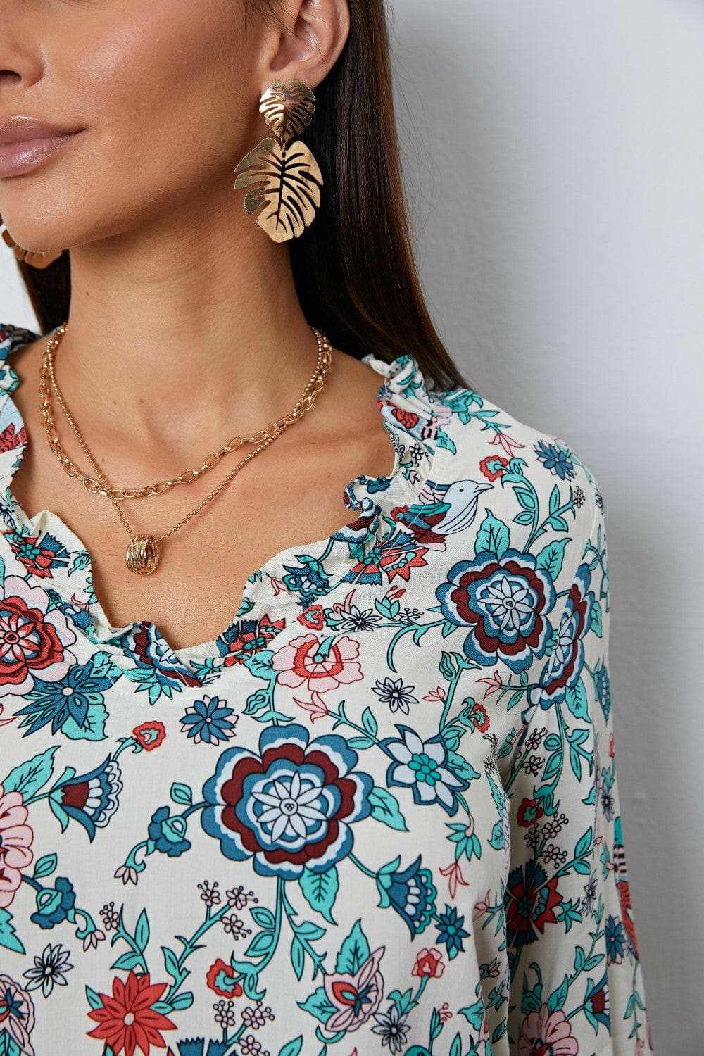 Floral Notched Blouse - Chic Design - Love Salve